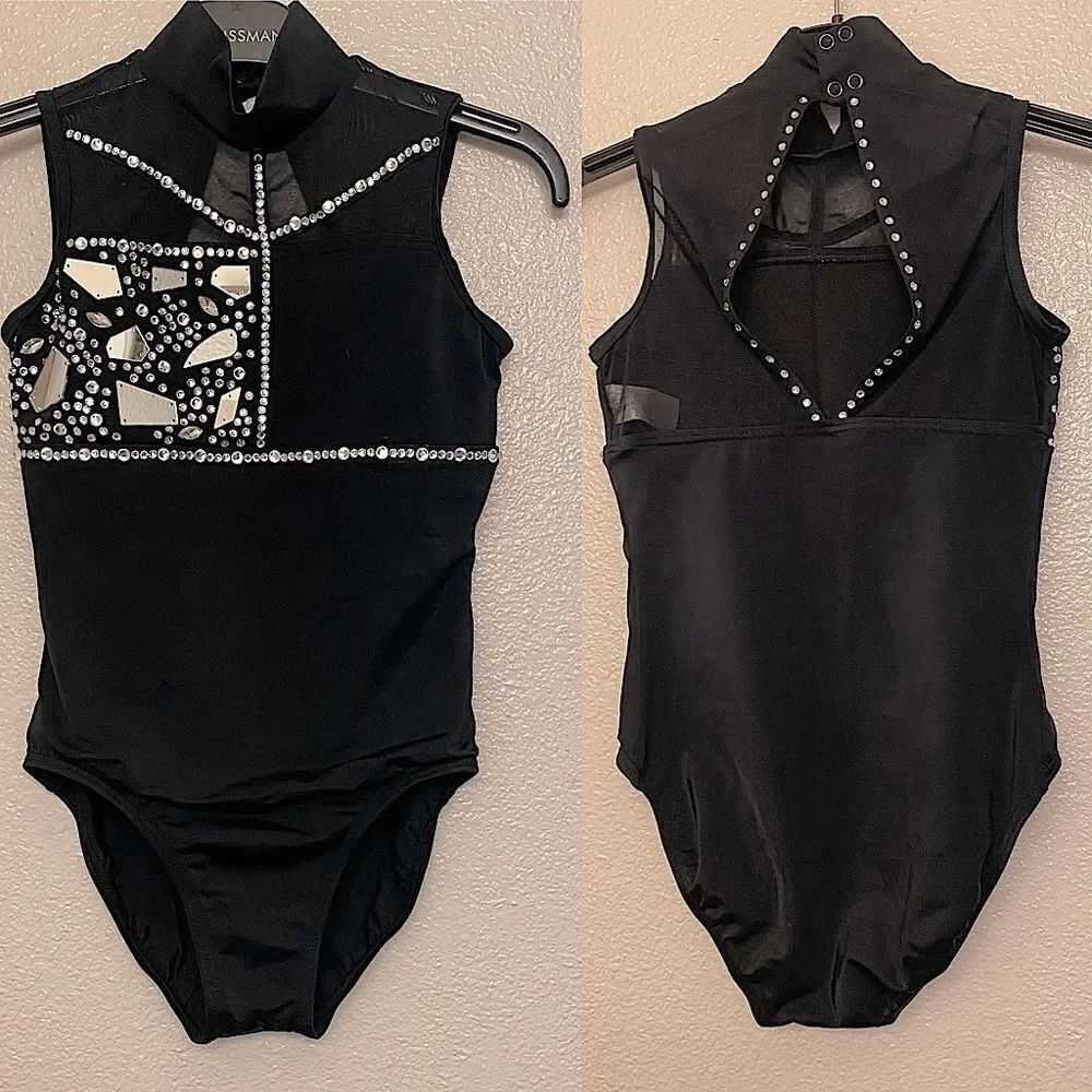 WEISSMAN Dance solo custom black rhinestone Caged illusion Leotard 14591 MC